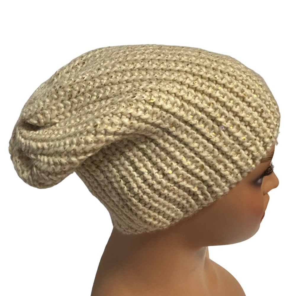 Knit toboggan beanie metallic acrylic winter hat gold tan by Gina pre-owned EUC